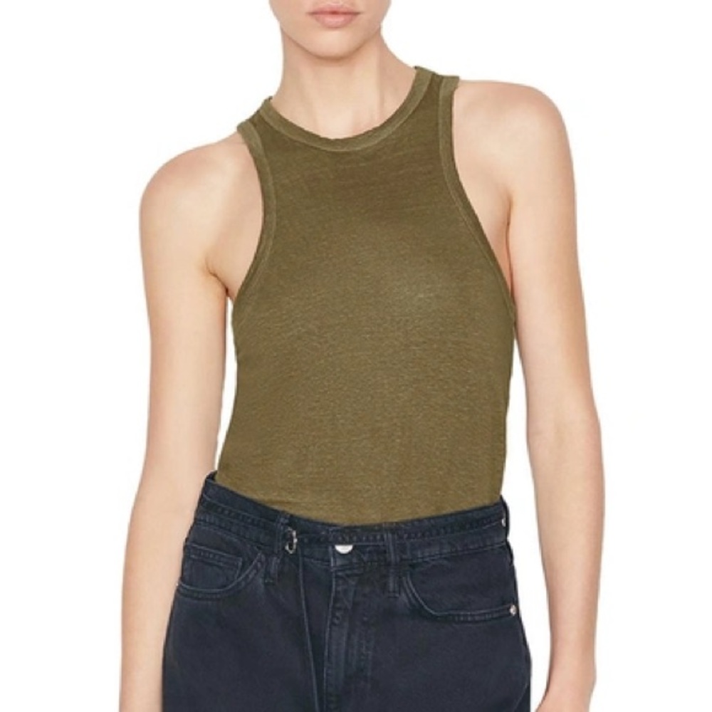 FRAME Ringer Organic Linen Army Green Tank Top Women’s Sz Small NWOT‎